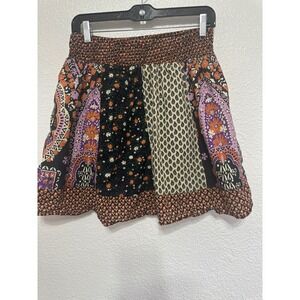 Confess Womens Patchwork Mini Skirt Medium Boho Floral Paisley Smocked Cotton